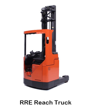 Close-up of a red reach truck (warehouse machine) stacked with pallets